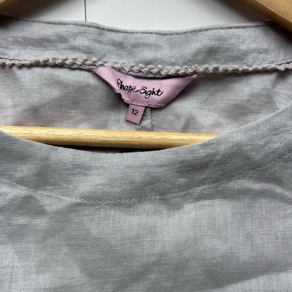 PHASE EIGHT Grey LINEN Tunic Crotchet Lace Hem Elegant Gray Lace Trim Top 12 - Picture 8 of 8